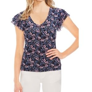 NWT Vince Camuto Floral Mesh Ruffle Sleeve Top in Navy